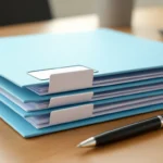 Kék iratrendező mappák egy asztalon, mellette egy toll