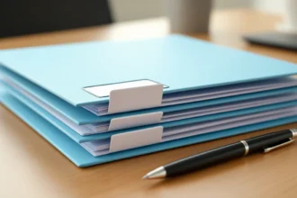 Kék iratrendező mappák egy asztalon, mellette egy toll