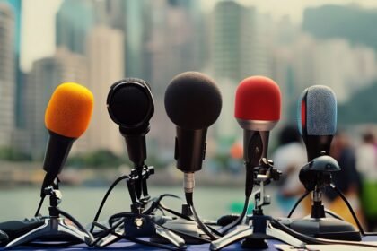 Öt mikrofon sorban, városi háttérrel