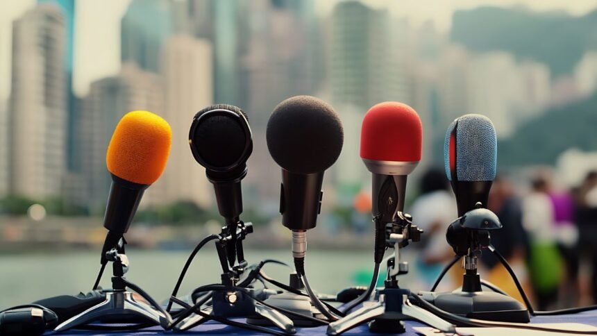 Öt mikrofon sorban, városi háttérrel