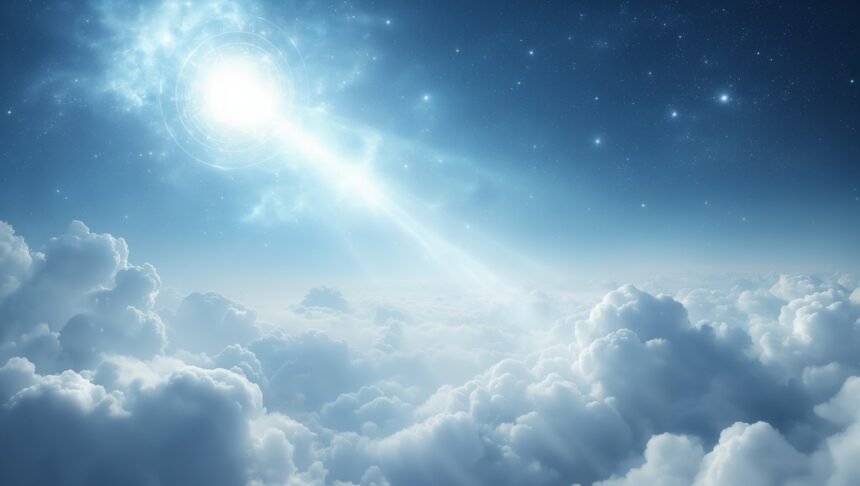 Sejtelmes éjszakai égbolt csillagokkal és fénnyel