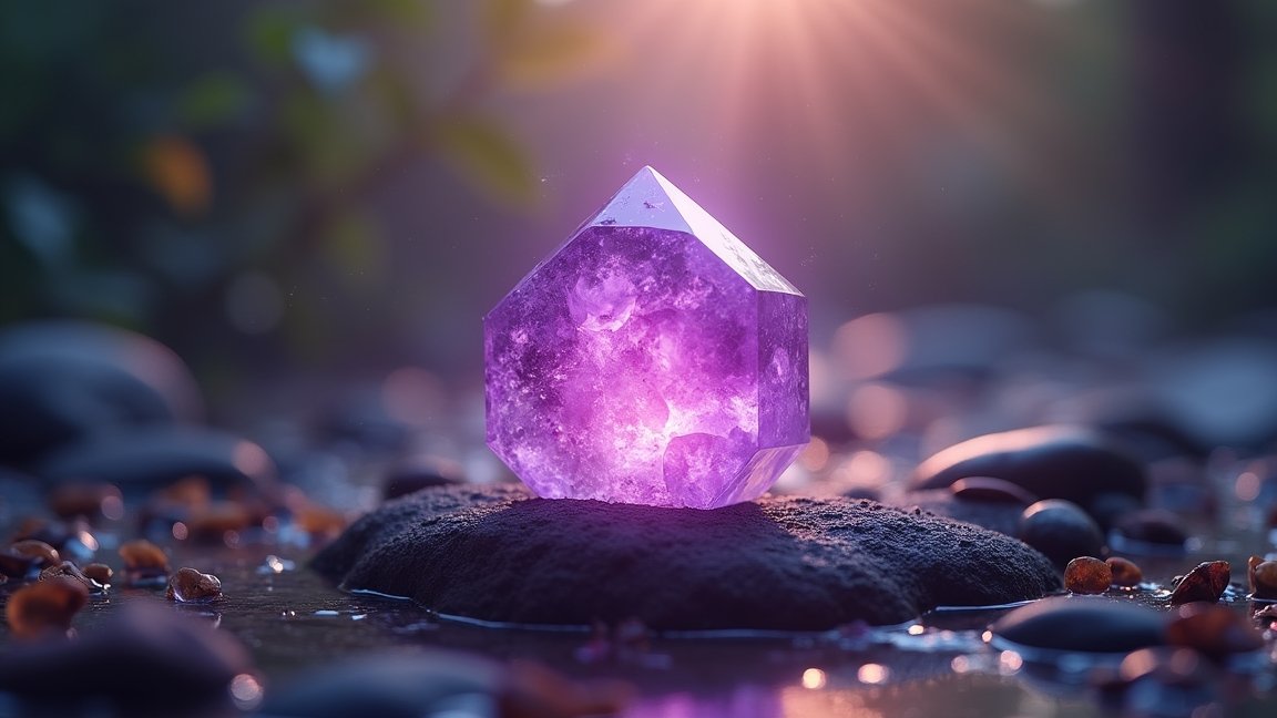 Ametiszt kristály egy vízparti kövön, napsütésben