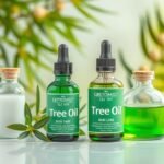 Teafaolaj üvegpalackok és bőrápolási termékek egy asztalon