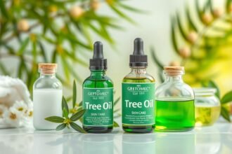 Teafaolaj üvegpalackok és bőrápolási termékek egy asztalon