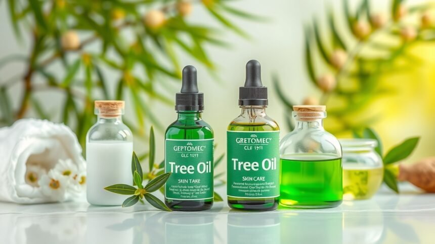 Teafaolaj üvegpalackok és bőrápolási termékek egy asztalon