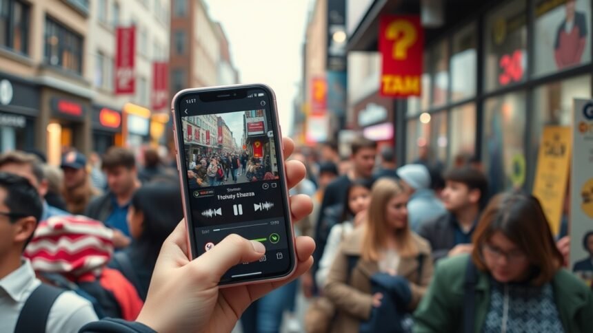 Mobiltelefon a Shazam zeneazonosító alkalmazással népes utcán.
