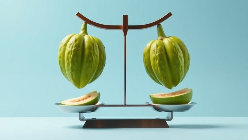 Garcinia Cambogia gyümölcsök egyensúlyban, diéta és fogyás szimbólum.