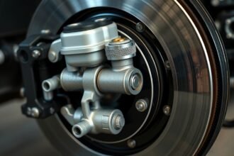 A főfékhenger a jármű fékrendszerében közelről.