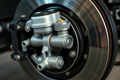 A főfékhenger a jármű fékrendszerében közelről.