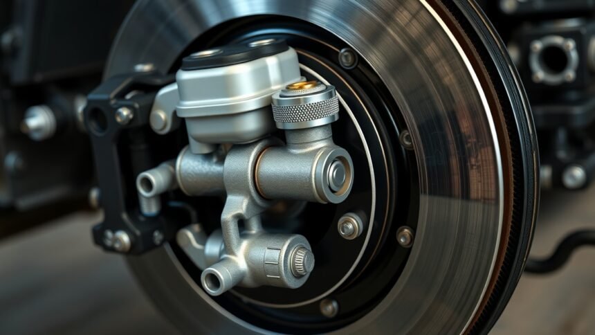 A főfékhenger a jármű fékrendszerében közelről.