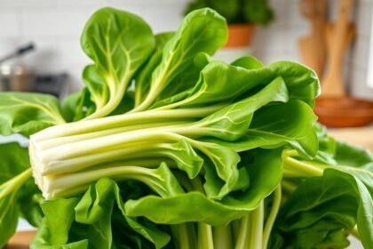 Friss pak choi zöldségek egy konyhai pulton
