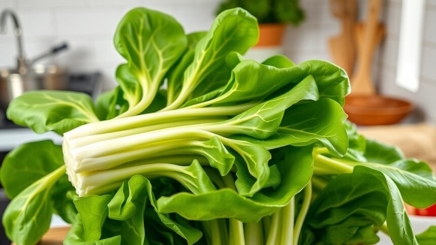 Friss pak choi zöldségek egy konyhai pulton