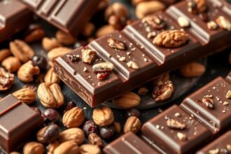Csokoládé tömbök és különböző diófélék keveréke, gazdag ízélmény