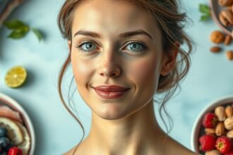 Fiatalos nő egészséges ételek között, bőrápolás és kollagén témában.