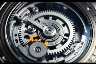 Részlet egy mechanikus óra belső működéséről fogaskerekekkel.