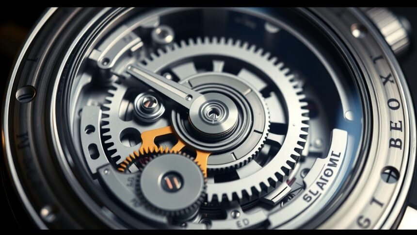 Részlet egy mechanikus óra belső működéséről fogaskerekekkel.