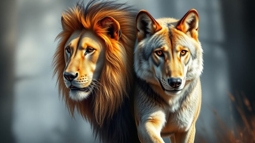 Oroszlán és farkas együtt, vadonban.