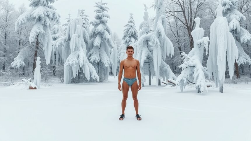 Férfi hidegterápiás környezetben hóval borított fák között.