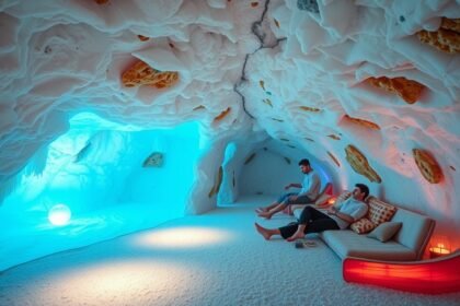 Sóbarlang belső tere, relaxáló emberekkel a sóéjjel.