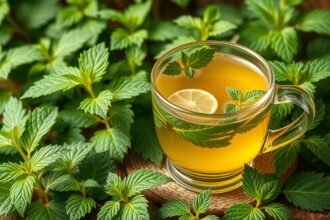 Csalántea friss fűvel és citromszelettel egy átlátszó pohárban.