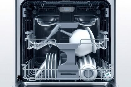 Mosogatógép belső nézet edényekkel és fúvókákkal