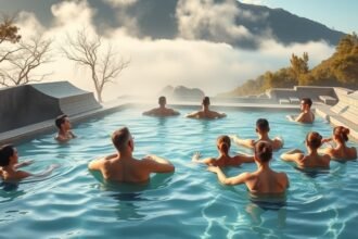 Termálfürdőben pihenő emberek, természetes környezetben.