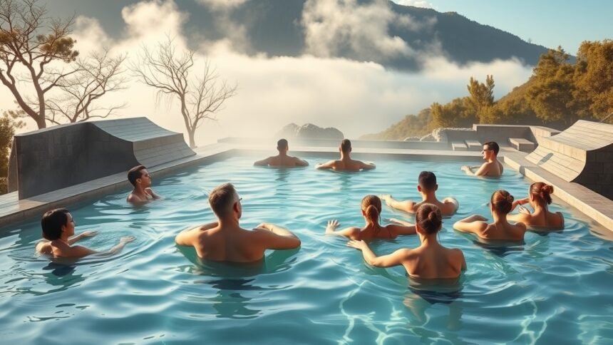 Termálfürdőben pihenő emberek, természetes környezetben.