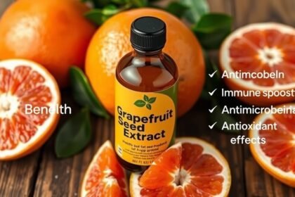 Grapefruitmag-kivonat üveg a friss grapefruit mellett