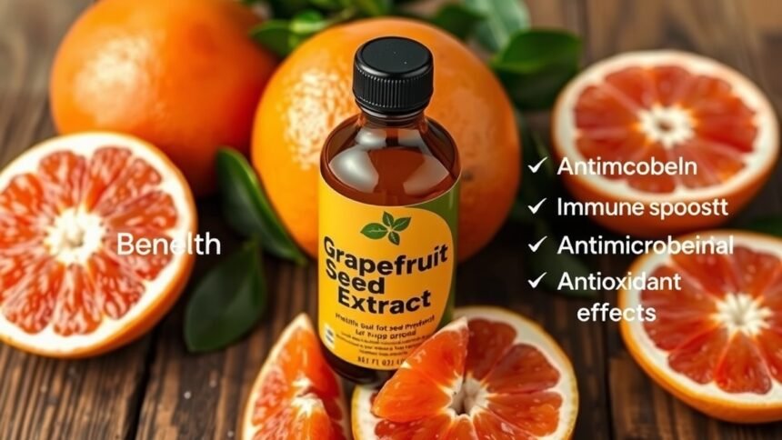 Grapefruitmag-kivonat üveg a friss grapefruit mellett