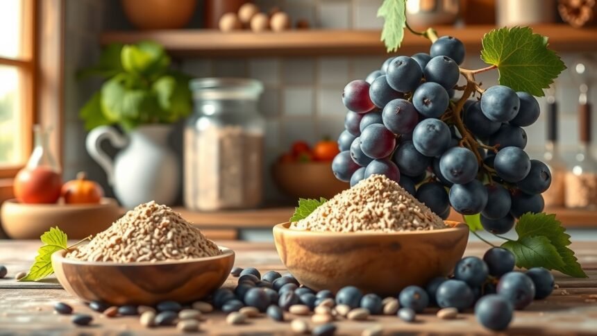 Szőlőmag őrlemény és szőlő a konyhában, egészséges táplálkozás.
