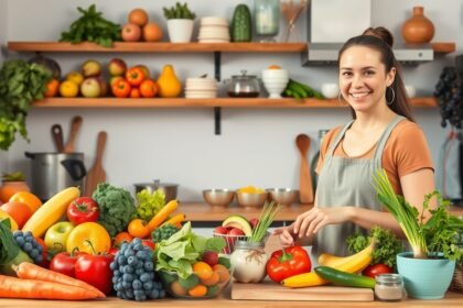 Nő friss zöldségekkel és gyümölcsökkel teli konyhában