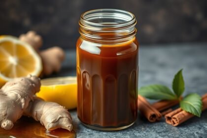 Melasz, gyömbér és citrom egy üvegben a természetes édesítéshez.