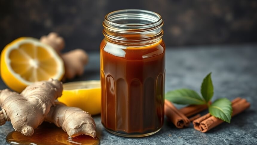 Melasz, gyömbér és citrom egy üvegben a természetes édesítéshez.