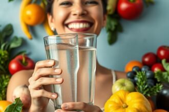 Nő, aki víz és friss gyümölcsök között tart poharakat