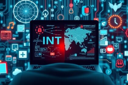 Számítógép képernyője, amely az internet előnyeit és hátrányait mutatja be, digitális ikonokkal.