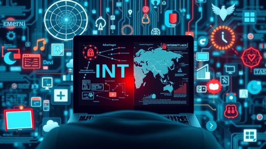 Számítógép képernyője, amely az internet előnyeit és hátrányait mutatja be, digitális ikonokkal.