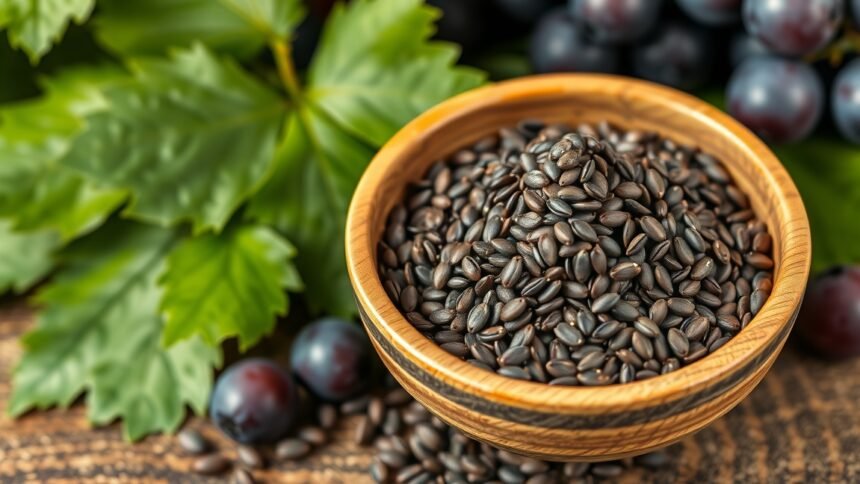 Darált szőlőmag egy fából készült tálban szőlővel és levelekkel