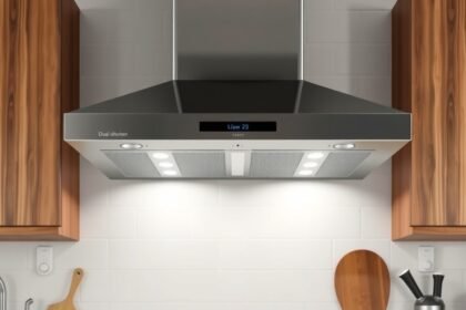 Modern kétmotoros páraelszívó konyhában, hatékony pára és szag eltávolítás.