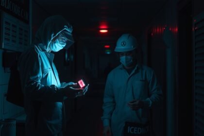 Két férfi ellenőrzi a vérkereső lámpát sötét folyosón.