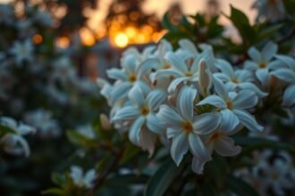 Jázmin virágok közelről, naplementében, yugtató és energikus érzelmek.
