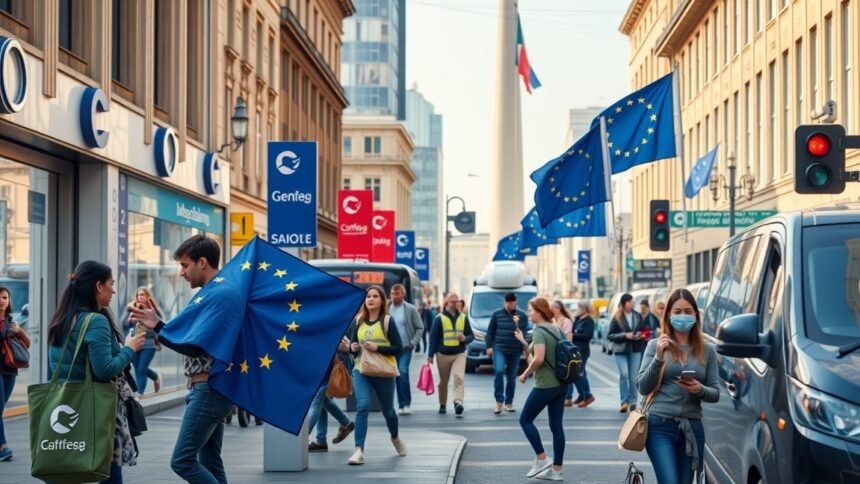 Utca tele Európai Unió zászlóival és emberekkel, akik interakcióznak.
