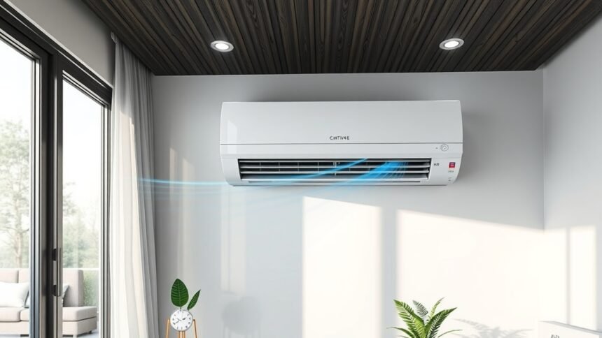 Modern klímaberendezés otthoni használatra, hűtési funkcióval.