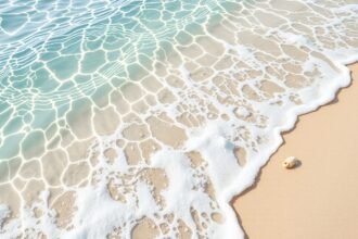 Sós víz és homok partján, tiszta víz és habok.