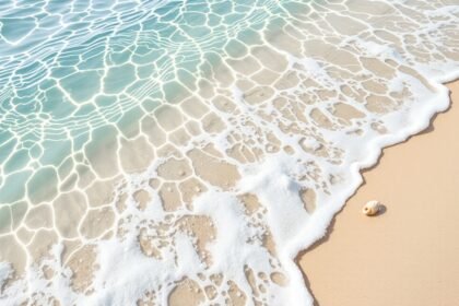 Sós víz és homok partján, tiszta víz és habok.