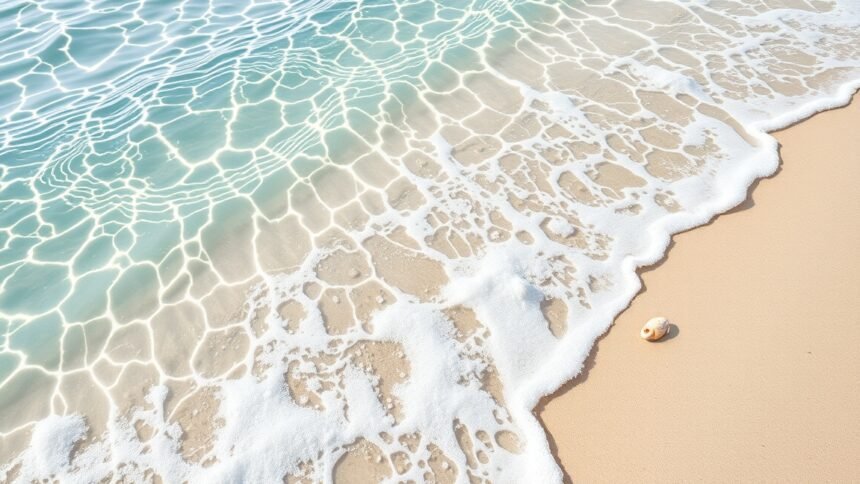 Sós víz és homok partján, tiszta víz és habok.