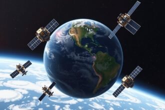 Műholdak keringenek a Föld körül, kommunikációs és adatátviteli szerepük van.