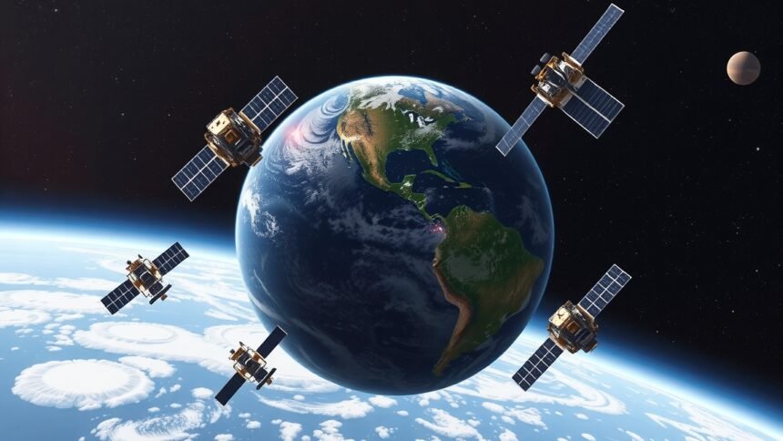 Műholdak keringenek a Föld körül, kommunikációs és adatátviteli szerepük van.