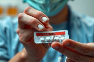 Aszpirin figyelmeztető címkével, biztonsági tájékoztatás.