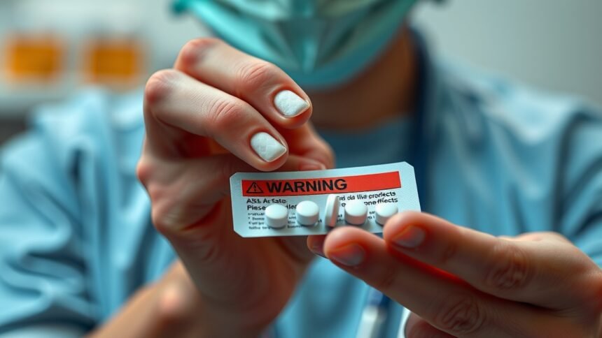 Aszpirin figyelmeztető címkével, biztonsági tájékoztatás.