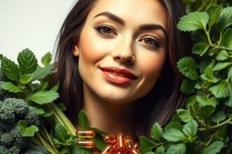 Ragyogó bőrű nő K-vitaminnal körülvéve, zöldségek között